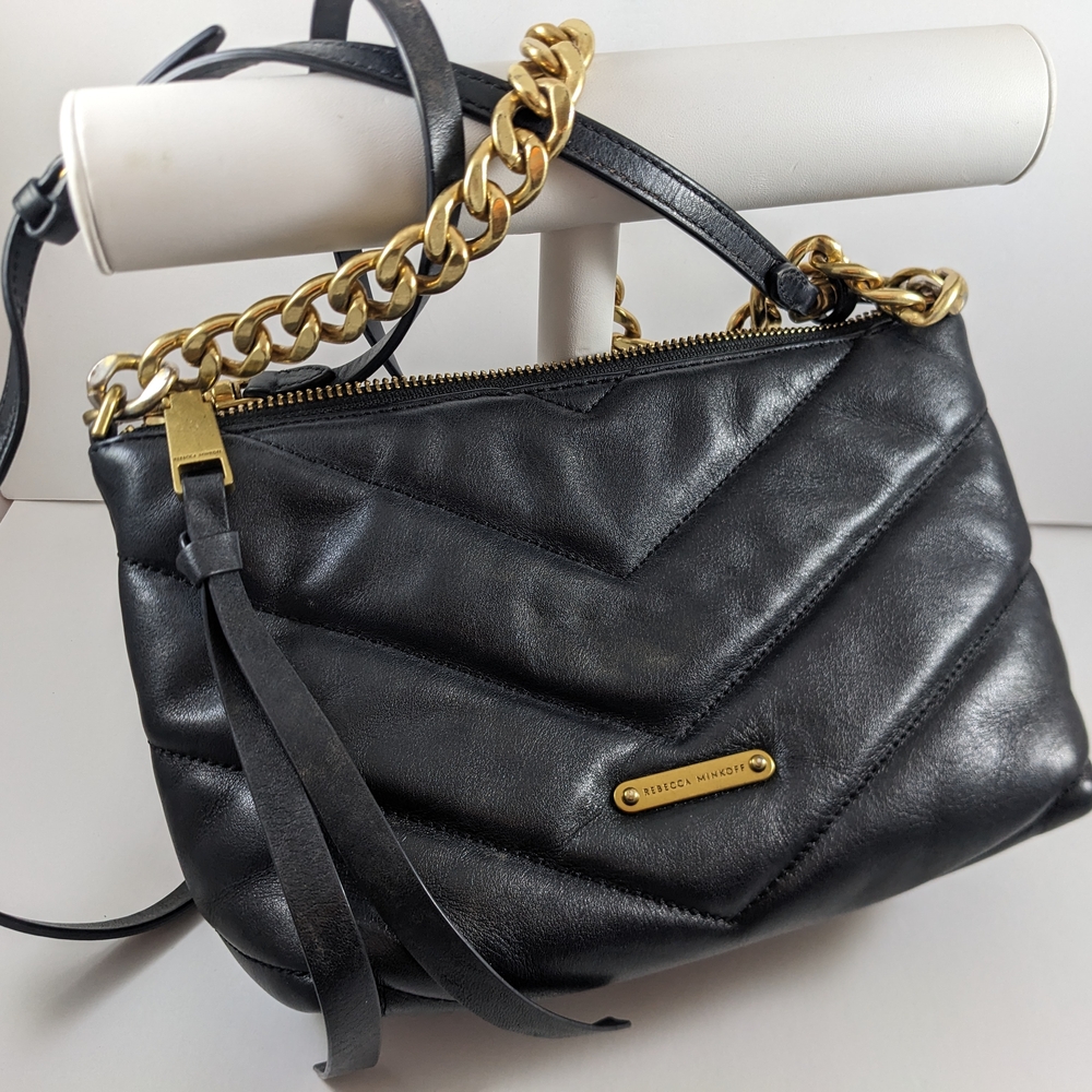 Rebecca Minkoff Black Quilted Leather Edie Crossbody with Gold Chain